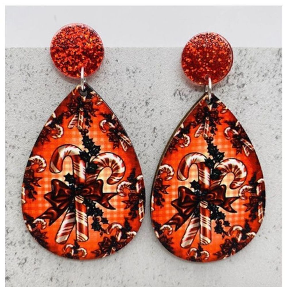 Wooden Water Drop Earrings ￼Candy Canes Red & White
